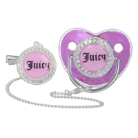 Соска - пустышка силиконовая ортодонтическая &laquo;JUICY&raquo;, от 6 мес., с колпачком + держатель - цепочка, цвет розовый/серебло, стразы