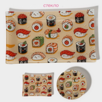 Набор для суши из стекла Доляна &laquo;Сет&raquo;, 3 предмета: соусники 8&times;2 см, 8&times;6 см, подставка 25&times;15&times;2 см