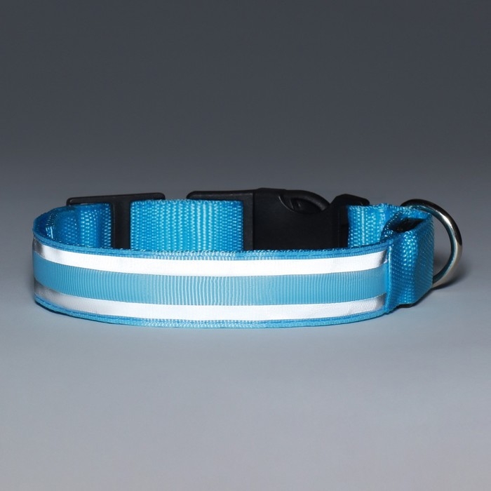 Ошейник с подсветкой Двойная полоса размер L, ОШ 45-52 х 2,5 см 3 режима свечения голубой