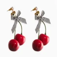 Серьги "Вишня с бантиками" текстиль, цветные в золоте