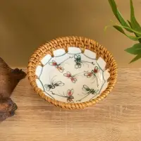 Тарелка керамическая с ротангом 13,5х13,5х3 см, МИКС