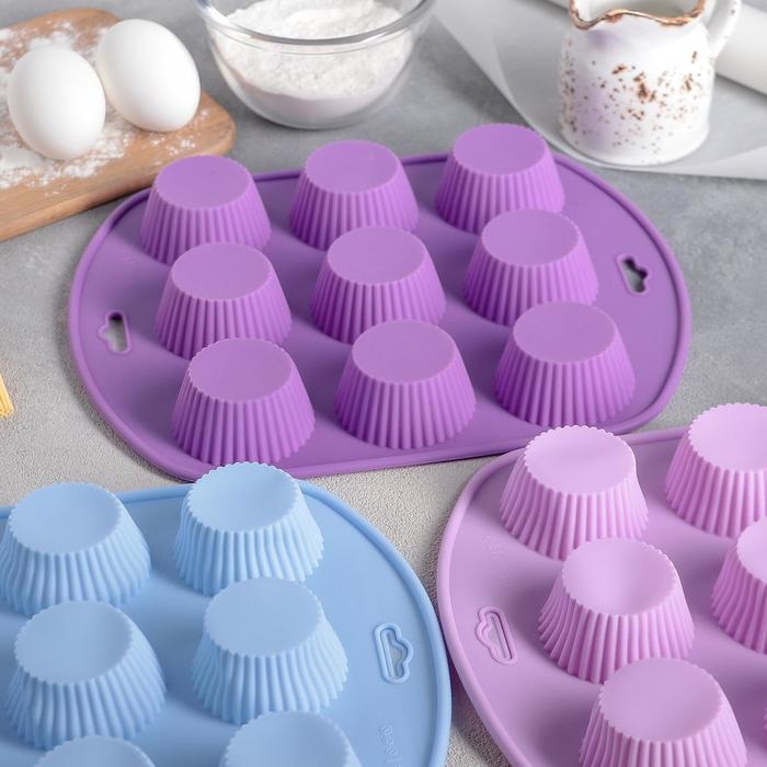 Форма для выпечки Доляна &laquo;Сладости. Круг реб&raquo;, силикон, 27&times;22&times;3 см, 9 ячеек (6&times;6&times;3 см), цвет МИКС