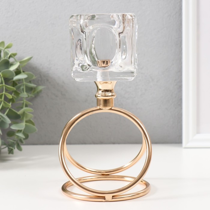 Подсвечник металл, стекло на 1 свечу "Ледяной кубик" d=6 см золото 10х10х19 см