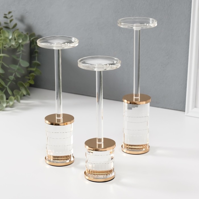 Подсвечник металл, акрил "Прямоугольники" d=6,5 см, набор 3 шт h=24 см, 22,5 см, 20,5 см