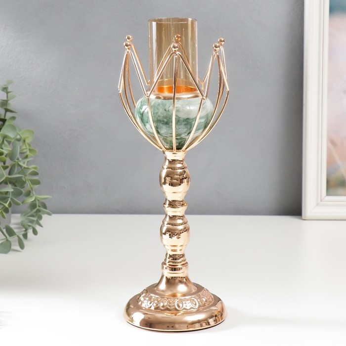 Подсвечник металл на 1 свечу "Бутон. Бело-зелёный мрамор" золото 29х11х11 см