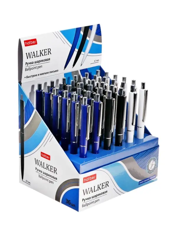 Ручка шариковая автоматическая, Hatber. Walker Classic, синяя 0.7 мм, 36 шт. в дисплее, МИКС