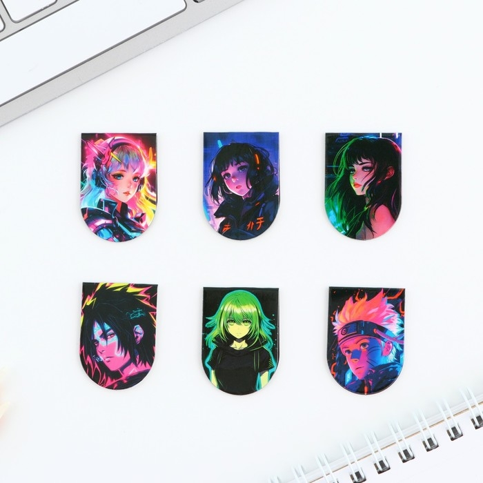 Закладки магнитные для книг, 6 шт &laquo;Неоновое аниме&raquo;