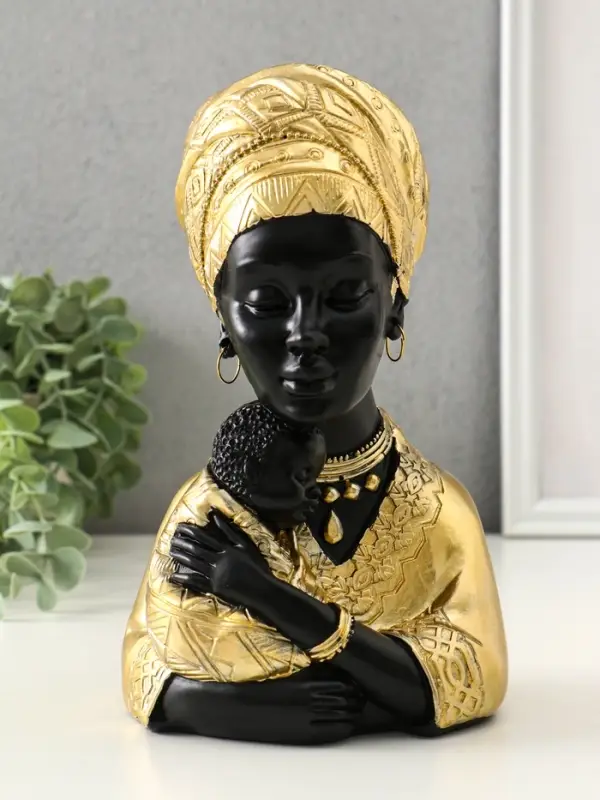 Бюст полистоун "Африка - мать и дитя" чёрный с золотом 12,5х10х21,5 см