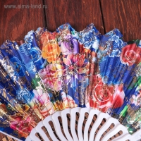 Веер пластик h=23 см "Цветы" изгиб с золотом МИКС