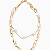 Колье "Жемчуг" борокко, цепь, 2 яруса, цвет белый в золоте