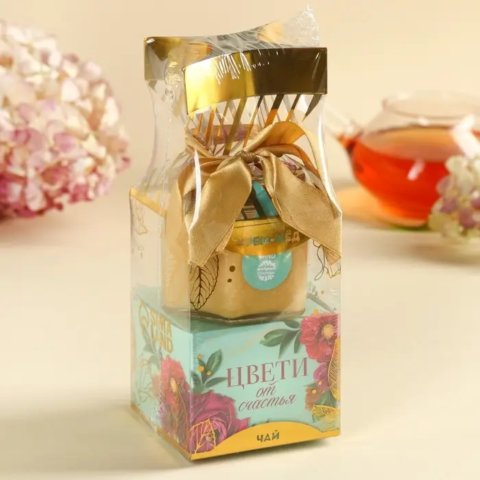 Набор &laquo;Цвети от счастья&raquo;: крем-мёд с хлопком 120 г., чай чёрный с апельсином и шоколадом 50 г.