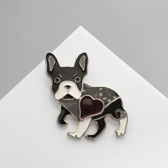 Брошь &laquo;Бульдог&raquo; французский с сердечком, цветная в серебре