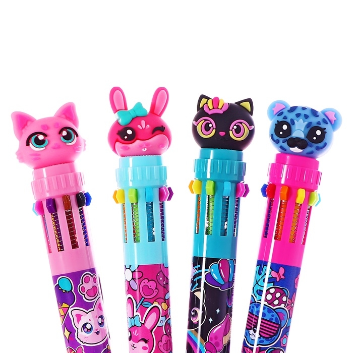 Ручка шариковая автоматическая, 10-ти цветная, штрихкод на штуке, МИКС Котик