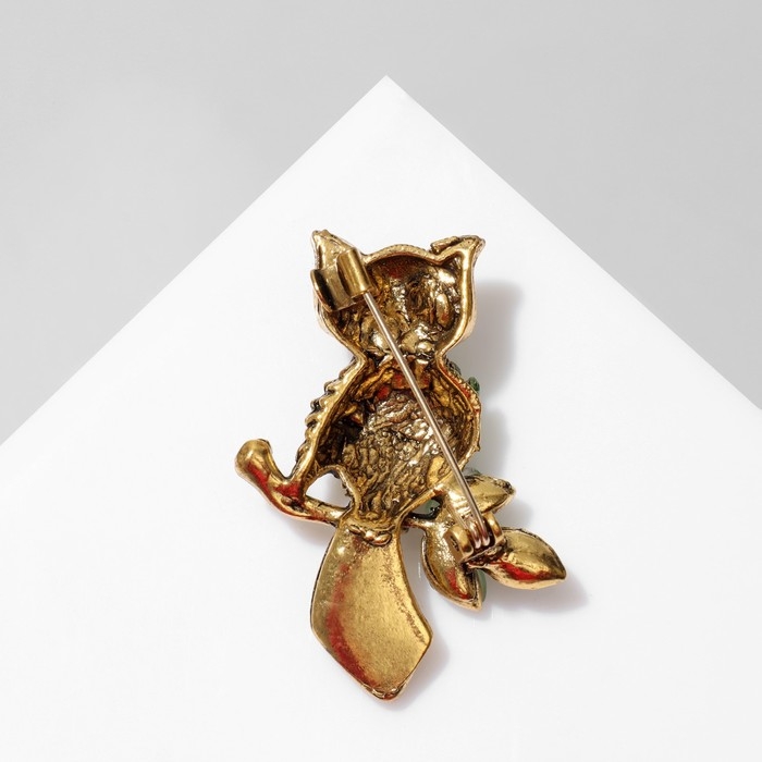 Брошь &laquo;Сова на ветке&raquo;, цвет зелёный в чернёном золоте