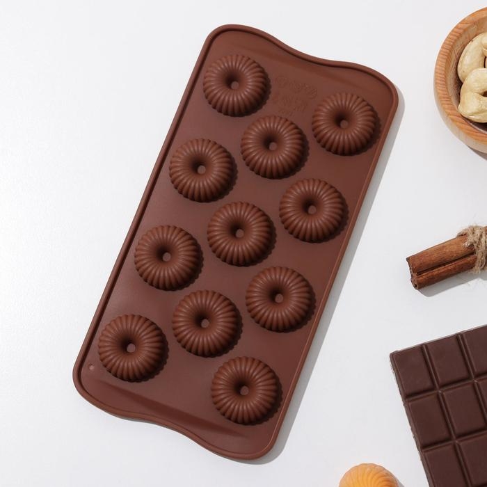 Форма для конфет и шоколада Доляна &laquo;Колечко.Риб&raquo;, силикон, 21&times;10,5&times;1,8 см, 11 ячеек, цвет коричневый