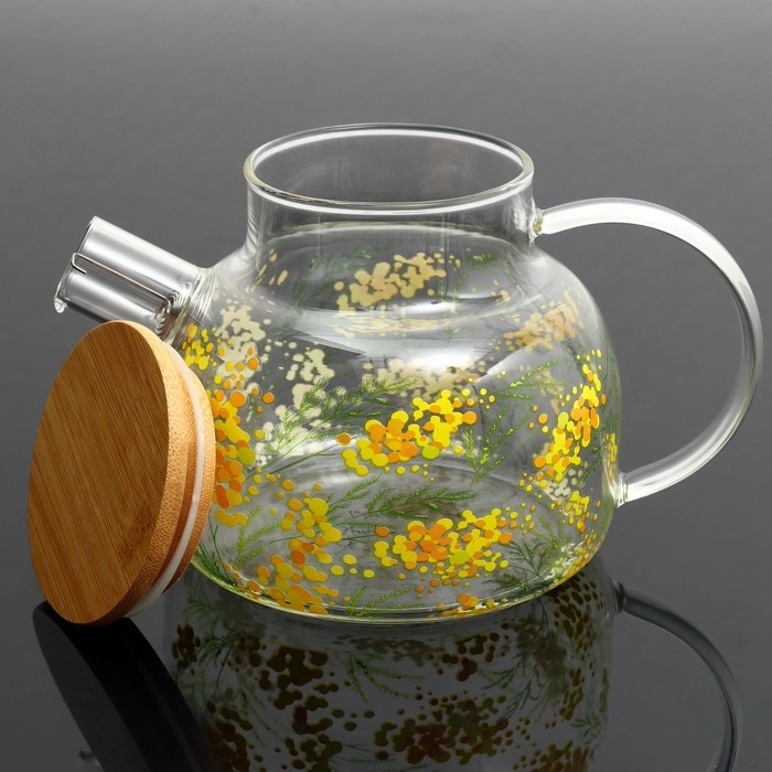 Чайник стеклянный заварочный с бамбуковой крышкой &laquo;Нежная мимоза&raquo;, 1000 мл