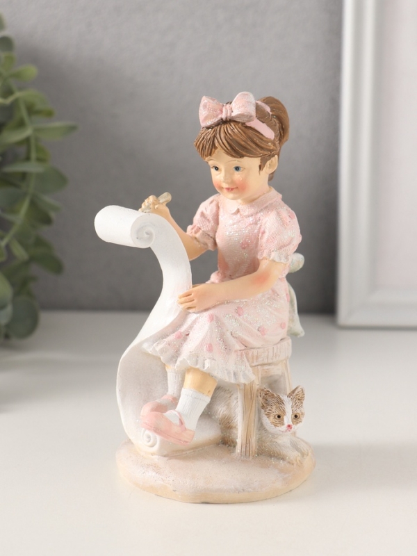 Сувенир полистоун "Девочка рисует, с котиком" розовый 7,5х7х13 см