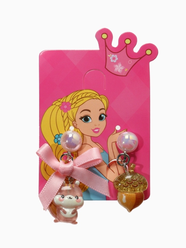 Серьги-клипсы детские "Выбражулька" белочка с бантом, жёлудь с жемчужиной, цветные