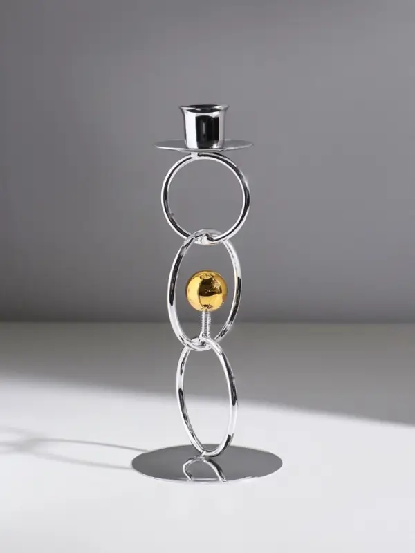 Подсвечник металл на 1 свечу "Кольца и шарики" серебро с золотом d=2,5 см 9х9х22 см