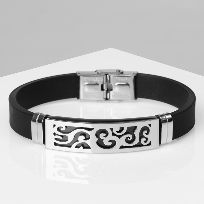 Браслет унисекс &laquo;Мощь&raquo; прямоугольник с узором, цвет чёрный с серебром, 22 см
