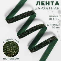 Лента бархатная, с золотым люрексом, 10 мм, 18 &plusmn; 1 м, цвет зелёный №165