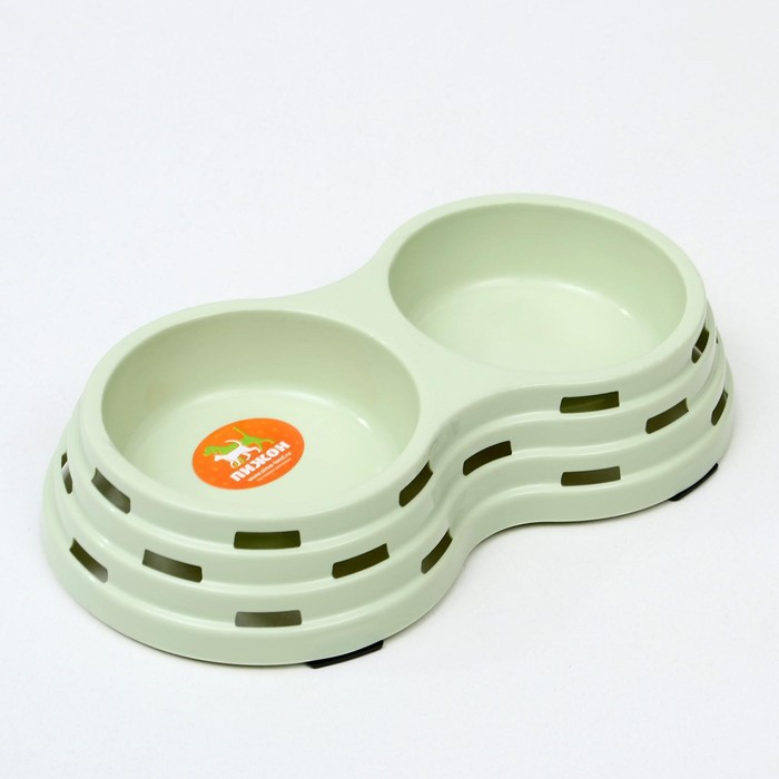 Миска металлическая двойная на пластиковом основании 2 х 160 мл, 25 х 14 х 5 см, зелёная