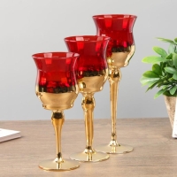 Подсвечник стекло набор 3 шт "Бокалы" высота 18, 20, 22,5 см красный 22,5х7,8х7,8 см