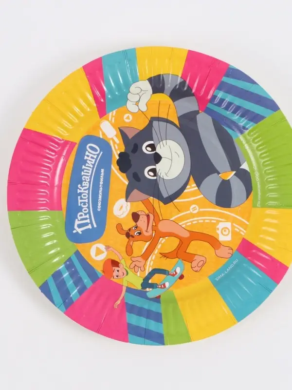 Посуда одноразовая бумажная на 10 персон &laquo;Простоквашино&raquo;: стаканы, тарелки, скатерть, Союзмультфильм