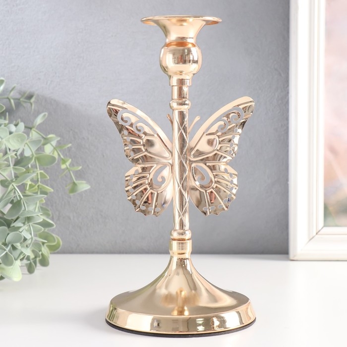 Подсвечник металл на 1 свечу "Ажурная бабочка" d-2,5 см золото 11х11х20,5 см