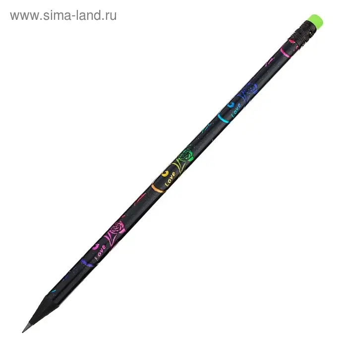 Карандаш простой, чернографитный с ластиком, твёрдость НВ, корпус чёрный с цветным узором