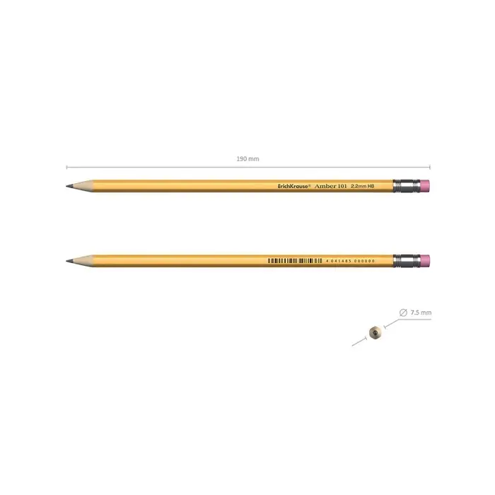 Карандаш чернографитный с ластиком ErichKrause Amber 101, НВ, грифель d=2.2 мм, дерево, шестигранный в тубусе
