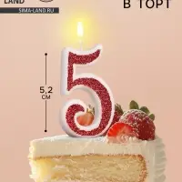 Свеча в торт на шпажке &laquo;Рубиновая коллекция&raquo;, цифра 5, 5.2 см, рубиновая