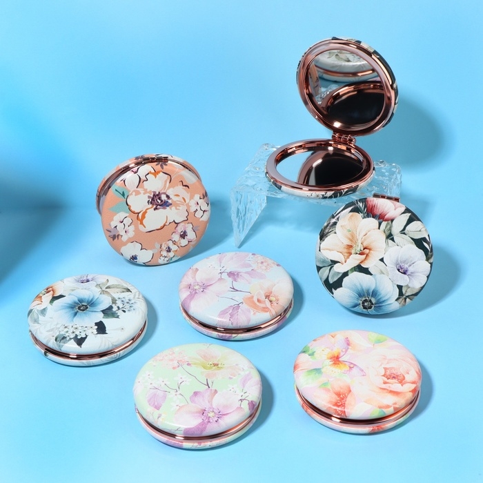 Зеркало складное &laquo;Цветочки&raquo;, d = 7,5 см, с увеличением, искусственная кожа, рисунок МИКС