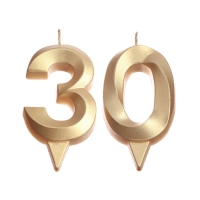 Свеча в торт юбилейная "Грань" (набор 2 в 1), цифра 30, золотой металлик, 6,5 см