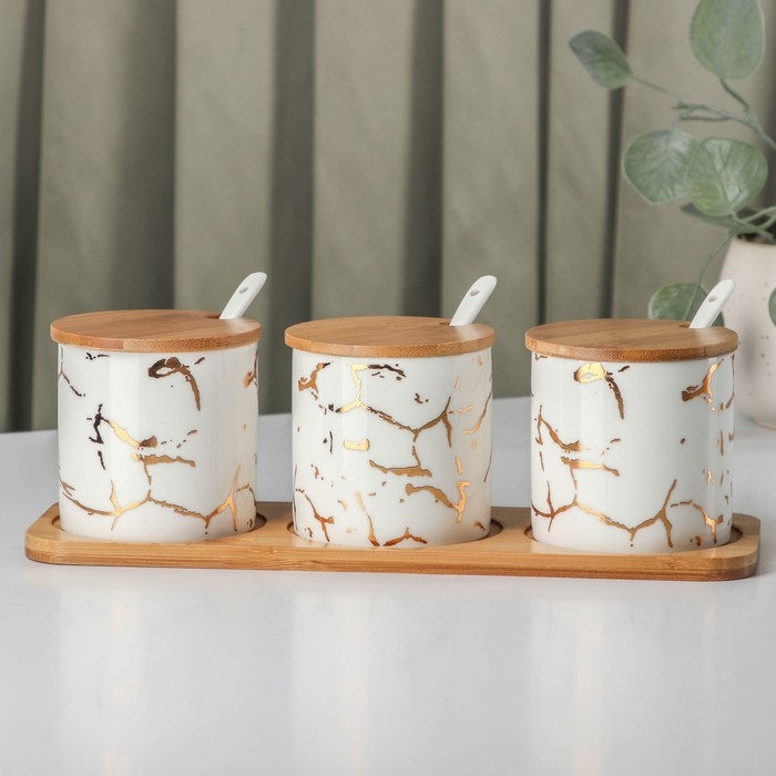 Набор банок керамических с ложками на деревянной подставке &laquo;Эстет. Gold&raquo;, 3 предмета: 300 мл, цвет белый