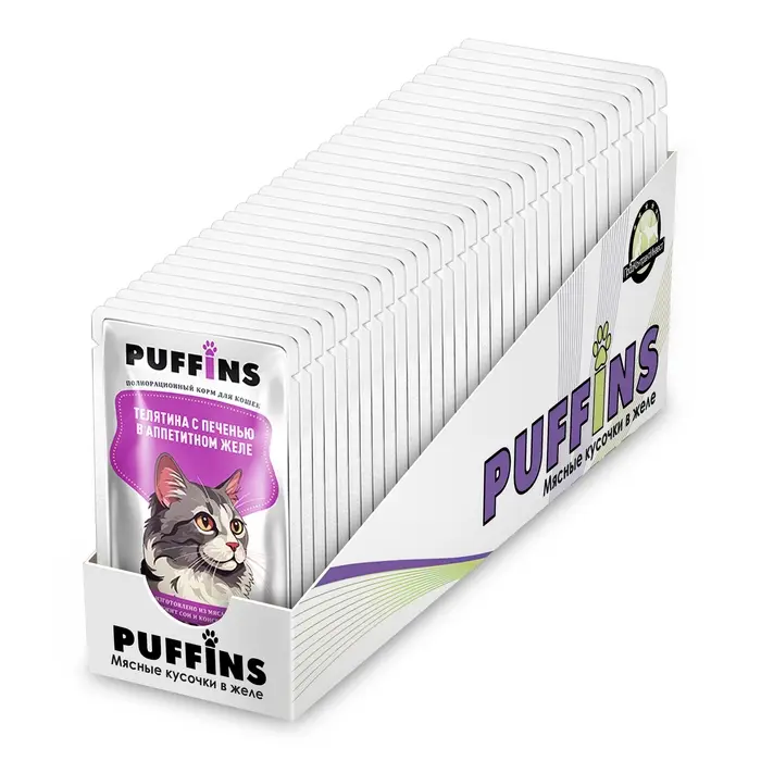 Влажный корм "Puffins" для кошек, телятина с печенью в желе, 75 г