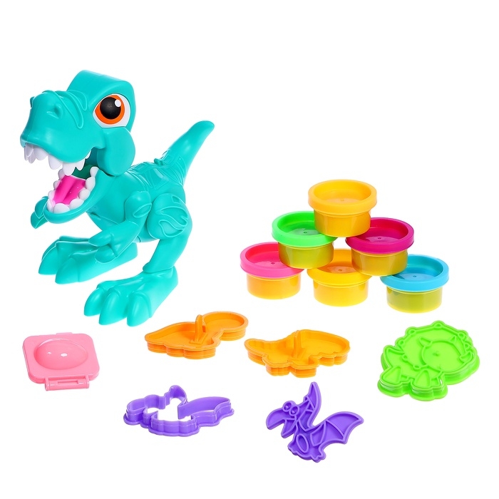 Набор для игры с мягким пластилином &laquo;Диномир&raquo;, 6 баночек с массой для лепки, 5 форм