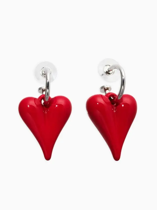 Серьги со съмными элементами "Сердца" вытянутые, цвет красный в серебре
