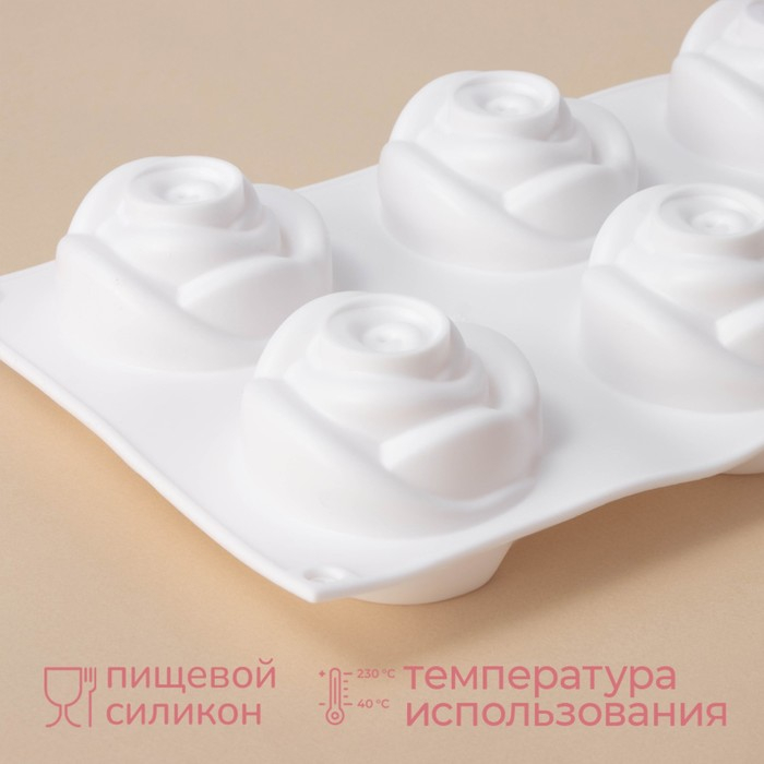 Форма для муссовых десертов и выпечки Доляна &laquo;Розы&raquo;, 30&times;17,5&times;6 см, 6 ячеек (6,5&times;6,8 см), цвет белый