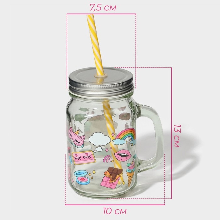 Кружка стеклянная с крышкой и трубочкой Доляна &laquo;Единорог&raquo;, 450 мл, 10&times;7,5&times;13 см,