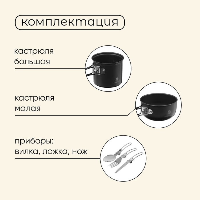Набор туристической посуды Maclay: 2 кастрюли, вилка, ложка, нож