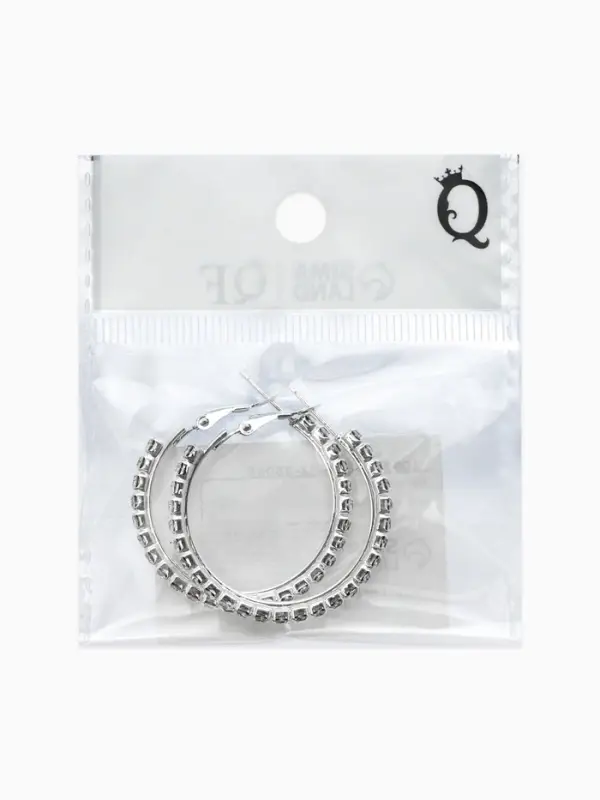 Серьги-кольца со стразами d=3.5 см, белые в серебре