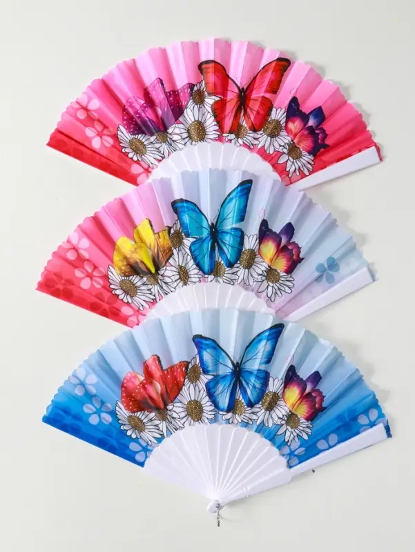 Веер пластик, текстиль "Ромашки и бабочки" МИКС широкие лопасти 23 см