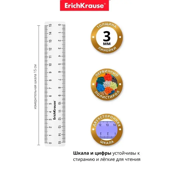 Линейка 15 см ErichKrause "Clear", пластик, двусторонняя шкала, прозрачная, европодвес