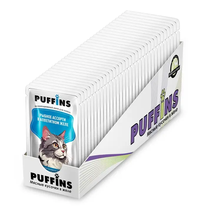 Влажный корм "Puffins" для кошек, рыбное ассорти в желе, 75 г