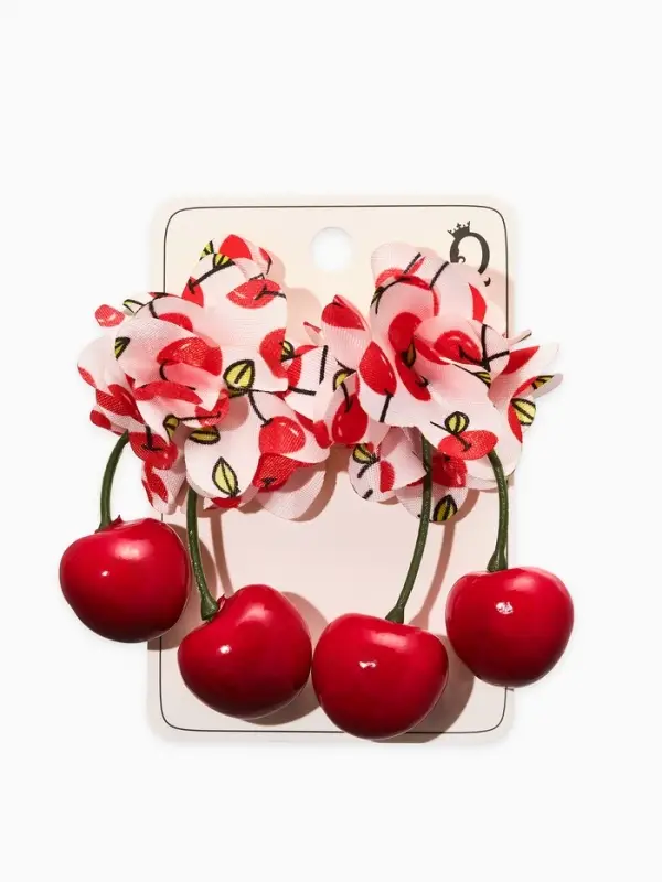 Серьги "Вишня с цветами" текстиль, цветные в золоте