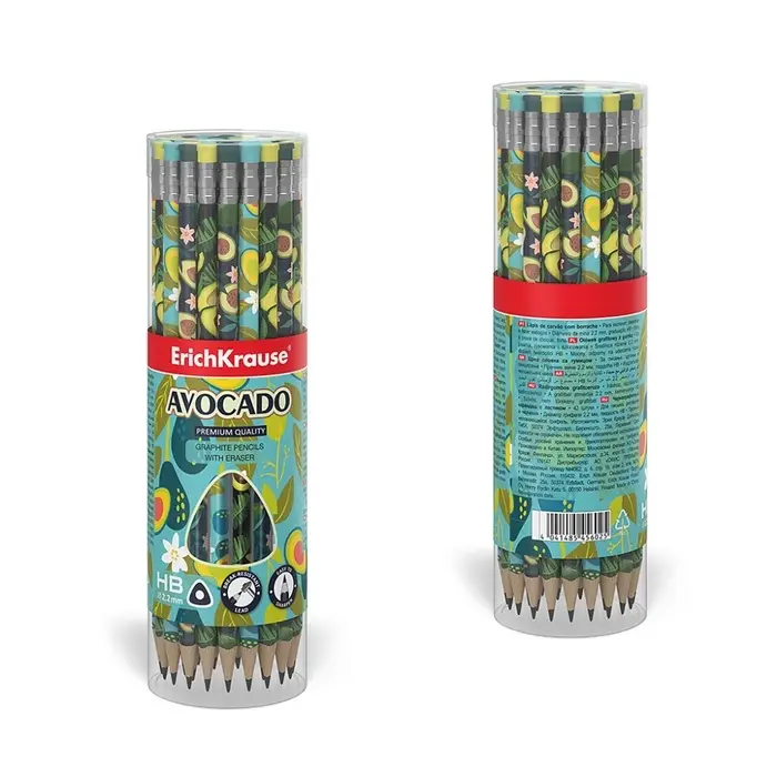 Карандаш чернографитный с ластиком ErichKrause "Avocado", HB, грифель d=2.2 мм, дерево, трeхгранный с принтом, в тубусе, микс