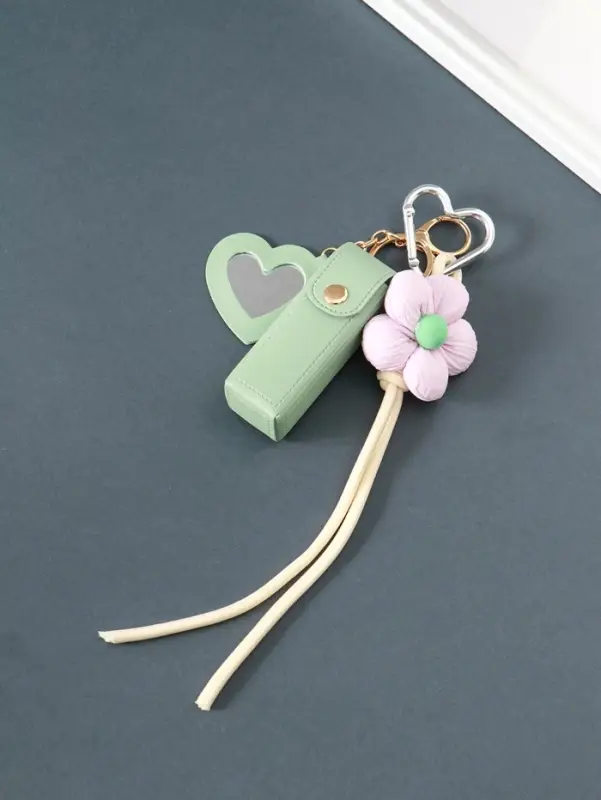 Брелок кожзам с карабином, с зеркалом "Для помады. Цветок" мятный 20х3х3,5 см