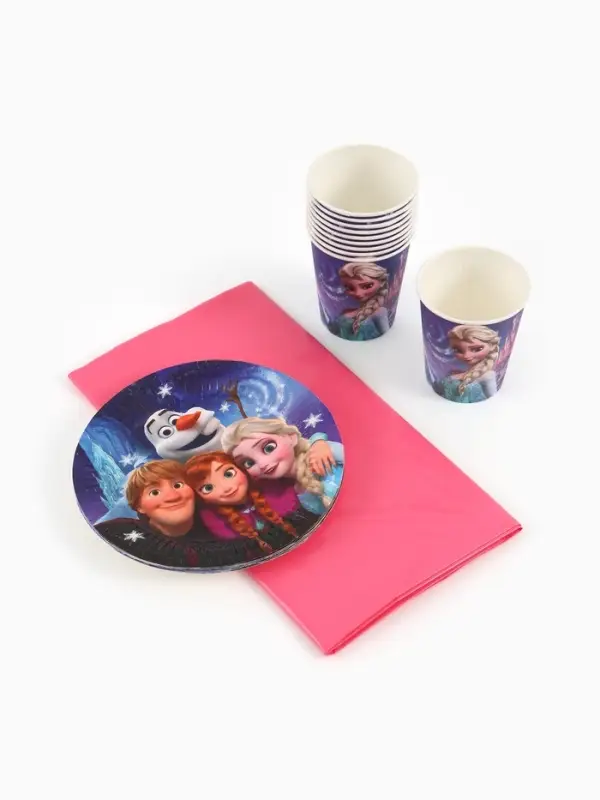 Посуда одноразовая бумажная на 10 персон: стаканы, тарелки, скатерть, Снежная принцесса