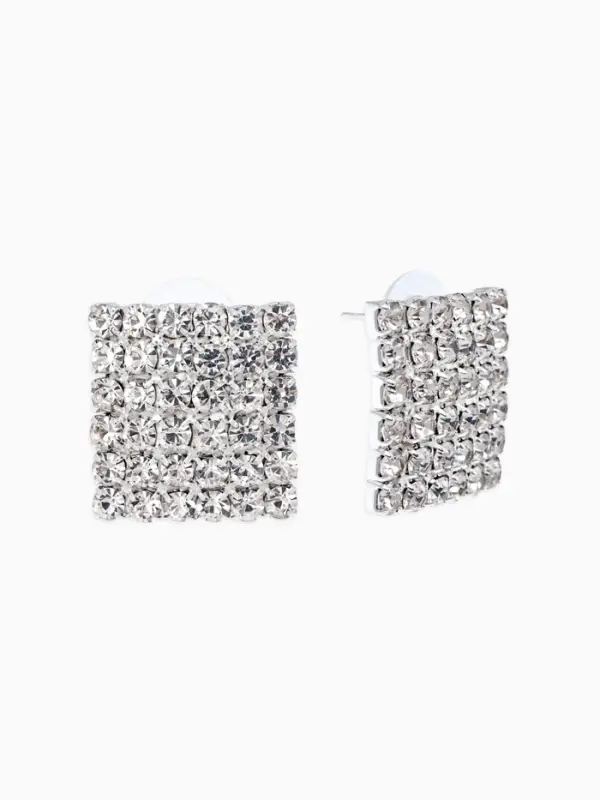 Серьги со стразами "Квадрат" 20*20мм, цвет белый в серебре
